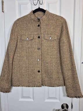 ​Kate Hill Tweed Bouclé Fringe Jacket Tan Wool Blend Size 10 Dark Academia Fall